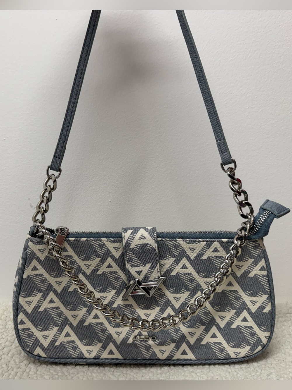 Aldo Blue & Cream Monogram Shoulder Bag with Chain Strap